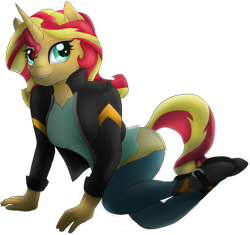 Size: 2219x2088 | Tagged: safe, artist:theshadowstone, derpibooru original, character:sunset shimmer, species:anthro, species:pony, species:unicorn, all fours, colored sketch, digital art, female, high res, simple background, smiling, solo, transparent background