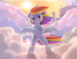 Size: 3202x2480 | Tagged: safe, artist:mrs1989, character:rainbow dash, species:pony, bipedal, cloud, crossed hooves, female, looking at you, smiling, solo, stadium