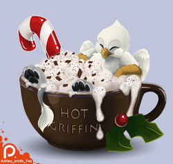 Size: 1000x950 | Tagged: safe, artist:arctic-fox, oc, oc only, oc:der, species:griffon, candy, candy cane, chocolate, cup, eyes closed, food, hot chocolate, male, micro, paws, solo