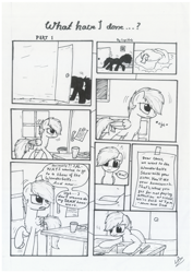 Size: 1024x1449 | Tagged: safe, artist:lupiarts, oc, oc only, oc:chess, comic:what have i done, angry, black and white, comic, cookie, desk, dialogue, food, grayscale, homework, letter, monochrome, speech bubble, traditional art
