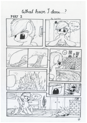 Size: 1024x1449 | Tagged: safe, artist:lupiarts, oc, oc only, oc:chess, comic:what have i done, black and white, comic, dialogue, fire, grayscale, monochrome, oven, paper, speech bubble, traditional art