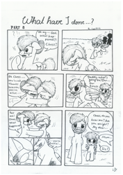 Size: 1024x1449 | Tagged: safe, artist:lupiarts, oc, oc only, oc:camilla curtain, oc:chess, oc:ron nail, oc:sally, comic:what have i done, black and white, comic, crying, dialogue, family, grayscale, monochrome, running, sad, speech bubble, traditional art, tragic