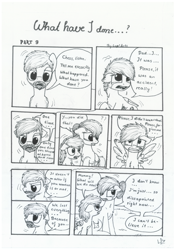 Size: 1024x1449 | Tagged: safe, artist:lupiarts, oc, oc only, oc:camilla curtain, oc:chess, oc:ron nail, oc:sally, comic:what have i done, black and white, comic, crying, dialogue, grayscale, monochrome, speech bubble, traditional art, tragic