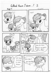 Size: 1024x1451 | Tagged: safe, artist:lupiarts, oc, oc only, oc:camilla curtain, oc:ron nail, oc:sally, comic:what have i done, black and white, comic, dialogue, family, frown, grayscale, monochrome, sad, speech bubble, traditional art, tragic