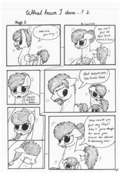 Size: 1024x1451 | Tagged: safe, artist:lupiarts, oc, oc only, oc:camilla curtain, oc:ron nail, oc:sally, comic:what have i done, angry, black and white, comic, dialogue, family, grayscale, monochrome, sad, speech bubble, story, traditional art, tragic