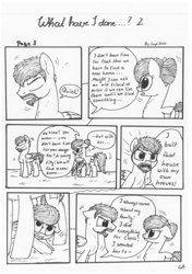 Size: 1024x1451 | Tagged: safe, artist:lupiarts, oc, oc only, oc:camilla curtain, oc:ron nail, oc:sally, comic:what have i done, angry, black and white, comic, dialogue, grayscale, monochrome, sad, speech bubble, traditional art, tragic