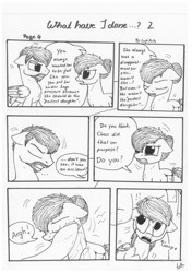 Size: 1024x1451 | Tagged: safe, artist:lupiarts, oc, oc only, oc:camilla curtain, oc:ron nail, oc:sally, comic:what have i done, angry, black and white, comic, dialogue, grayscale, hitting, monochrome, sad, speech bubble, traditional art, tragic