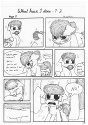 Size: 1024x1451 | Tagged: safe, artist:lupiarts, oc, oc only, oc:camilla curtain, oc:ron nail, oc:sally, comic:what have i done, angry, black and white, comic, dialogue, family, grayscale, monochrome, sad, speech bubble, traditional art, tragic