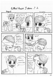 Size: 1024x1451 | Tagged: safe, artist:lupiarts, oc, oc only, oc:camilla curtain, oc:ron nail, oc:sally, comic:what have i done, angry, black and white, comic, crying, dialogue, family, grayscale, monochrome, running, sad, speech bubble, traditional art, tragic