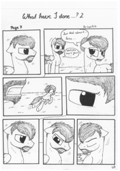 Size: 1024x1451 | Tagged: safe, artist:lupiarts, oc, oc only, oc:camilla curtain, oc:ron nail, comic:what have i done, black and white, comic, crying, dialogue, grayscale, monochrome, running, sad, speech bubble, traditional art, tragic
