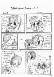 Size: 1024x1451 | Tagged: safe, artist:lupiarts, oc, oc only, oc:chess, oc:sally, comic:what have i done, black and white, comic, dialogue, grayscale, monochrome, sad, speech bubble, traditional art, tragic