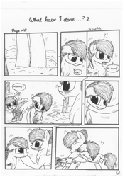 Size: 1024x1451 | Tagged: safe, artist:lupiarts, oc, oc only, oc:camilla curtain, oc:chess, oc:sally, comic:what have i done, black and white, comic, dialogue, family, grayscale, hug, monochrome, speech bubble, traditional art