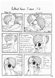 Size: 1024x1451 | Tagged: safe, artist:lupiarts, oc, oc only, oc:camilla curtain, oc:chess, oc:sally, comic:what have i done, black and white, comic, dialogue, family, grayscale, monochrome, speech bubble, traditional art