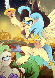 Size: 566x800 | Tagged: safe, artist:arctic-fox, character:captain celaeno, character:princess skystar, species:classical hippogriff, species:hippogriff, my little pony: the movie (2017), apple, duo, female, food, halloween, holiday, jack-o-lantern, leg rings, pumpkin, scimitar, sword, weapon