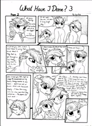 Size: 2550x3506 | Tagged: safe, artist:lupiarts, oc, oc only, oc:camilla curtain, oc:chess, oc:roselyn bloom, oc:sally, comic:what have i done, apology, black and white, comic, dialogue, family, grayscale, monochrome, page, speech bubble, traditional art, tragedy