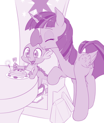 Size: 800x949 | Tagged: safe, artist:dstears, character:spike, character:twilight sparkle, character:twilight sparkle (alicorn), species:alicorn, species:dragon, species:pony, affection, baby, baby dragon, book, cute, cutie mark, female, folded wings, food, forehead kiss, friendship throne, heart, horn, kissing, male, mama twilight, mare, monochrome, pancakes, spikabetes, spikelove, starry eyes, throne, wingding eyes, wings