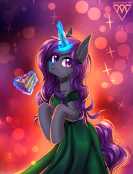 Size: 917x1200 | Tagged: safe, artist:margony, oc, oc only, species:pony, species:unicorn, cake, clothing, commission, dress, female, food, glowing horn, green dress, magic, mare, smiling, solo