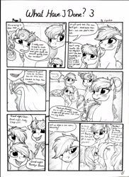 Size: 2550x3506 | Tagged: safe, artist:lupiarts, oc, oc only, oc:camilla curtain, oc:chess, oc:roselyn bloom, oc:sally, species:pony, comic:what have i done, black and white, comic, cute, dialogue, family, grayscale, monochrome, sad, speech bubble, traditional art, tragic