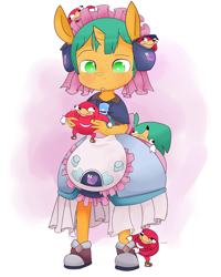 Size: 1280x1600 | Tagged: safe, artist:kryptchild, character:snails, species:anthro, species:pony, species:unicorn, anime, clothing, crossover, cute, cutie mark, diasnails, dress, female, glitter shell, holding, knuckles the echidna, made in abyss, maruruk, meme, shoes, snail, solo, sonic the hedgehog (series), trans female, transgender, ugandan knuckles, wat