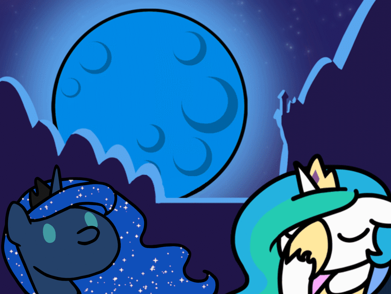 Size: 1296x976 | Tagged: safe, artist:flutterluv, artist:thepristineeye, character:princess celestia, character:princess luna, species:alicorn, species:pony, series:flutterluv's full moon, 2018 super blue blood moon, animated, blender, blood moon, blue moon, canterlot, celestia is not amused, chibi, cute, duo, eyes closed, facehoof, female, floppy ears, lunabetes, moon, night, open mouth, royal sisters, smiling, talking, unamused