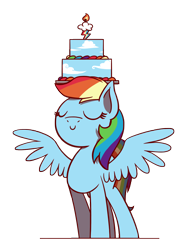 Size: 1350x1800 | Tagged: safe, artist:flutterluv, character:rainbow dash, species:pegasus, species:pony, balancing, cake, eyes closed, female, food, mare, rainbow dash day, simple background, smiling, solo, transparent background