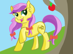 Size: 1600x1200 | Tagged: safe, artist:rainbowtashie, character:lavender fritter, species:earth pony, species:pony, apple, colored pupils, food, open mouth, pigtails, raised hoof, smiling, solo, tree