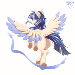 Size: 1000x1000 | Tagged: safe, artist:margony, oc, oc only, oc:eun byeol, species:pegasus, species:pony, colored wings, commission, digital art, ear piercing, earring, female, flying, jewelry, looking at you, looking back, looking back at you, mare, multicolored wings, piercing, plot, signature, simple background, solo, spread wings, unshorn fetlocks, white background, wings