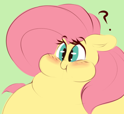 Size: 644x591 | Tagged: safe, artist:graphenescloset, character:fluttershy, species:pony, blushing, chubby cheeks, fat, fattershy, female, mare, obese, question mark, rolls of fat, solo
