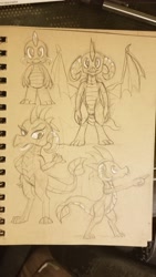 Size: 2268x4032 | Tagged: safe, artist:gsphere, character:princess ember, character:spike, species:dragon, dragoness, female, male, pointing, sketch, spread wings, traditional art, wings