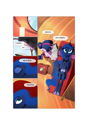 Size: 3541x5016 | Tagged: safe, artist:gashiboka, character:princess luna, character:twilight sparkle, species:alicorn, species:pony, species:unicorn, comic:scar of solar, book, candle, comic, female, glasses, golden oaks library, korean, mare, matches, translation request