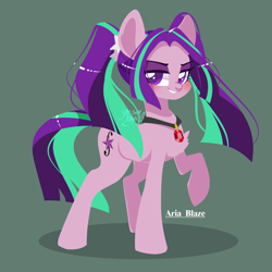 Size: 800x800 | Tagged: safe, artist:snow angel, character:aria blaze, species:earth pony, species:pony, equestria girls ponified, female, gem, gray background, mare, ponified, raised hoof, simple background, siren gem, smiling, solo