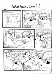 Size: 2550x3506 | Tagged: safe, artist:lupiarts, oc, oc only, oc:daxter, oc:ron nail, species:pony, comic:what have i done, black and white, bubble, cider, comic, dialogue, drunk, grayscale, horse, laughing, male, monochrome, mug, sad, speech bubble, stallion, tankard, traditional art