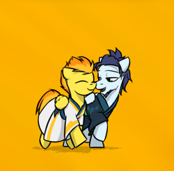 Size: 540x532 | Tagged: safe, artist:captainhoers, character:soarin', character:spitfire, species:pegasus, species:pony, ship:soarinfire, ask firestarter spitfire, clothing, cute, duo, female, male, orange background, shipping, simple background, smiling, straight