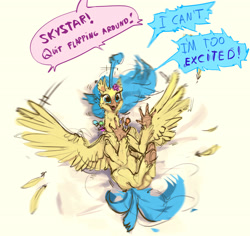 Size: 2796x2636 | Tagged: safe, artist:alumx, character:princess skystar, species:classical hippogriff, species:hippogriff, g4, my little pony: the movie (2017), cute, dialogue, excited, feather, female, flapping, freckles, horsebirb, implied queen novo, offscreen character, on back, open mouth, simple background, skyabetes, smiling, solo, speech bubble, spread wings, tail wag, trembling, underhoof, unshorn fetlocks, wat, white background, wings