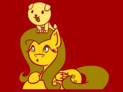 Size: 1800x1350 | Tagged: safe, artist:flutterluv, character:fluttershy, species:dog, species:pegasus, species:pony, chinese zodiac, female, flat colors, limited palette, mare, prone, simple background, sitting on head, smiling, year of the dog