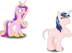 Size: 2965x2198 | Tagged: safe, artist:rustle-rose, artist:tardifice, edit, editor:slayerbvc, character:princess cadance, character:shining armor, species:alicorn, species:pony, species:unicorn, bald, blushing, casual nudity, clothed female nude male, embarrassed, eyes on the prize, female, furless, furless edit, jaw drop, male, mare, nude edit, nudity, oblivious, open mouth, raised hoof, shaved, shaved tail, simple background, squint, stallion, transparent background, vector, vector edit