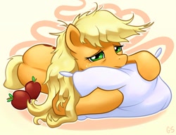 Size: 1000x767 | Tagged: safe, artist:gsphere, character:applejack, species:earth pony, species:pony, abstract background, apple, bed mane, female, loose hair, mare, morning ponies, obligatory apple, pillow, prone, solo, tired