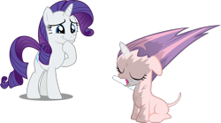 Size: 6512x3632 | Tagged: safe, artist:dashiesparkle edit, artist:tardifice, edit, editor:slayerbvc, character:rarity, character:sweetie belle, species:pony, species:unicorn, bad mane day, burnt, female, filly, furless, furless edit, mare, mouth hold, nude edit, nudity, scorched, shaved, shaved tail, simple background, stifling laughter, sweetie bald, sweetie fail, test tube, transparent background, vector, vector edit, wavy mouth