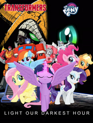 Size: 1600x2115 | Tagged: safe, artist:illumnious, artist:shutterflyeqd, character:applejack, character:fluttershy, character:pinkie pie, character:queen chrysalis, character:rainbow dash, character:rarity, character:twilight sparkle, character:twilight sparkle (alicorn), species:alicorn, species:pony, fanfic:light our darkest hour, arcee, clash of hasbro's titans, cover art, crossover, hot rod, mane six, megatron, optimus prime, transformers, transformers generation 1, unicron