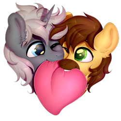 Size: 3000x3000 | Tagged: safe, artist:meowcephei, oc, oc only, oc:ardent shield, oc:calpain, species:pony, species:unicorn, episode:hearts and hooves day, g4, my little pony: friendship is magic, bust, colored pupils, couple, cute, ear fluff, gay, holiday, looking at each other, male, oc x oc, one eye closed, pillow, shipping, simple background, transparent background, valentine's day, ych result