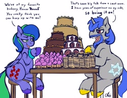 Size: 3300x2550 | Tagged: safe, artist:nekocrispy, colorist:threeareess, oc, oc only, oc:felicity stars, oc:honor bound, species:pegasus, species:pony, species:unicorn, beard, cake, chair, cupcake, dialogue, eating contest, facial hair, female, food, male, mare, simple background, stallion, table, this will end in weight gain, white background