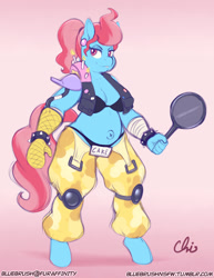 Size: 892x1155 | Tagged: safe, alternate version, artist:nekocrispy, character:cup cake, species:anthro, species:unguligrade anthro, belly button, clothing, cosplay, costume, ear piercing, female, frying pan, looking at you, milf, oven mitt, overwatch, piercing, roadhog (overwatch), solo
