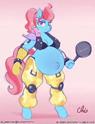 Size: 892x1155 | Tagged: safe, alternate version, artist:nekocrispy, character:cup cake, species:anthro, species:unguligrade anthro, belly, belly button, big belly, bra, clothing, cosplay, costume, ear piercing, female, frying pan, looking at you, oven mitt, overwatch, piercing, pregnant, roadhog (overwatch), solo, thick cup cake, underwear