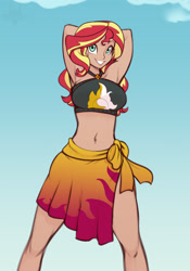 Size: 1332x1900 | Tagged: safe, artist:scorpdk, character:sunset shimmer, species:human, equestria girls:forgotten friendship, g4, my little pony: equestria girls, my little pony:equestria girls, adorasexy, arm behind head, armpits, belly button, bikini, breasts, busty sunset shimmer, clothing, cute, female, human coloration, humanized, looking at you, midriff, sarong, sexy, shimmerbetes, smiling, solo, stretching, summer sunset, swimsuit