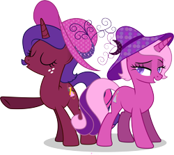 Size: 10024x8955 | Tagged: safe, artist:illumnious, oc, oc only, oc:aura midnight, oc:flares midnight, species:pony, species:unicorn, absurd resolution, clothing, eyes closed, female, hat, lidded eyes, mare, raised hoof, simple background, smiling, transparent background, vector
