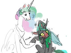 Size: 1148x858 | Tagged: safe, artist:alumx, derpibooru original, character:princess celestia, character:queen chrysalis, species:alicorn, species:changeling, species:pony, ship:chryslestia, adorasexy, adorkable, blushing, blushing profusely, changeling queen, clop, cute, cutealis, cutelestia, derp, dork, dorkalis, female, holding hooves, horn, lesbian, lewd, nervous, onomatopoeia, question mark, sexy, shaking, shipping, simple background, sweat, white background, wings