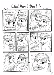 Size: 2550x3506 | Tagged: safe, artist:lupiarts, oc, oc only, oc:daxter, oc:ron nail, species:pegasus, species:pony, comic:what have i done, black and white, cider, comic, dialogue, drunk, duo, grayscale, male, monochrome, mug, sad, speech bubble, stallion, traditional art