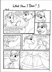 Size: 2550x3506 | Tagged: safe, artist:lupiarts, oc, oc only, oc:daxter, oc:ron nail, comic:what have i done, alcohol, black and white, cider, comic, dialogue, drunk, grayscale, monochrome, mug, speech bubble, tankard, traditional art