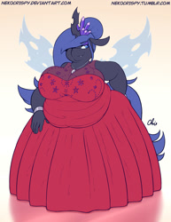 Size: 892x1155 | Tagged: safe, artist:nekocrispy, oc, oc only, oc:high-rise, species:anthro, species:changeling, big breasts, blue changeling, breasts, changeling queen, changeling queen oc, chubby, chunkling, clothing, dress, fat, female, huge breasts, obese