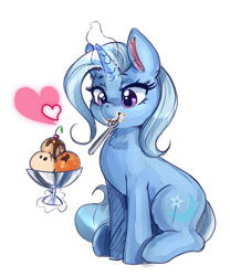 Size: 3900x4688 | Tagged: safe, artist:mrscurlystyles, character:trixie, species:pony, species:unicorn, absurd resolution, cherry, chest fluff, chocolate, cute, diatrixes, ear fluff, eyelashes, female, food, glowing horn, heart, ice cream, magic, mare, messy eating, mouth hold, simple background, sitting, smiling, solo, spoon, telekinesis, white background